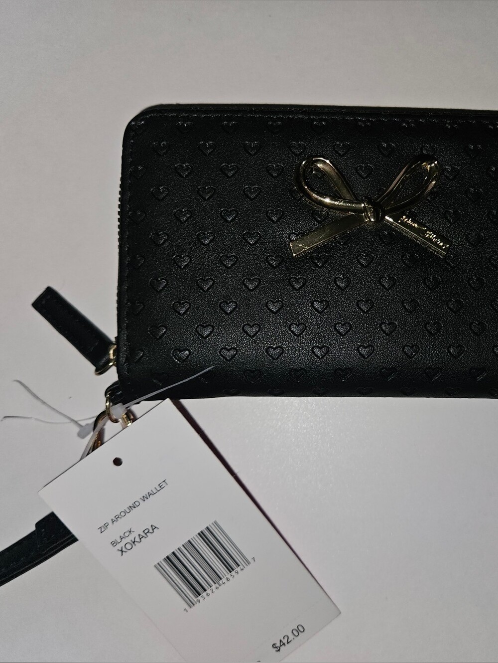 Betsy Johnson Black Zip-Around Wallet with Gold Bow Accent
